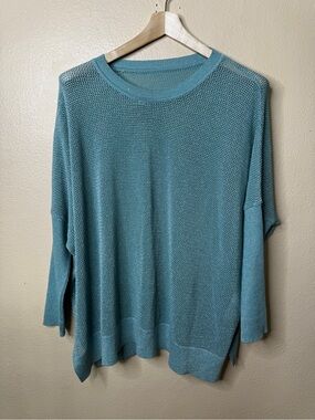 Planet by Lauren G One Size Teal Metallic Open Knit Poncho Sweater Pima Cotton M